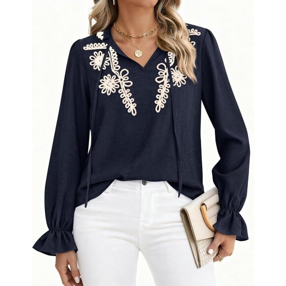 Womens Boho V Neck Ruffle Long Sleeve Floral Embroidered Blouse XS-XXL - Picture 2 of 8